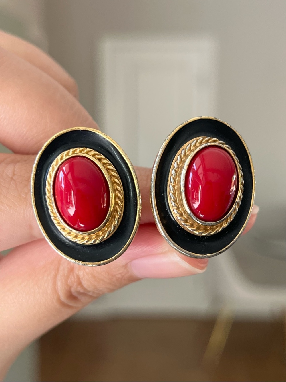 Authentic Vintage YSL Oval Red Glass Cabochon Black Enamel Gold Clip-On Earrings